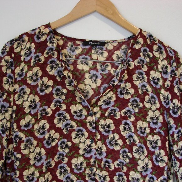 Madewell Pansy Print Blouse Viola Floral V-neck Wine Burgundy Size Medium - Picture 7 of 16
